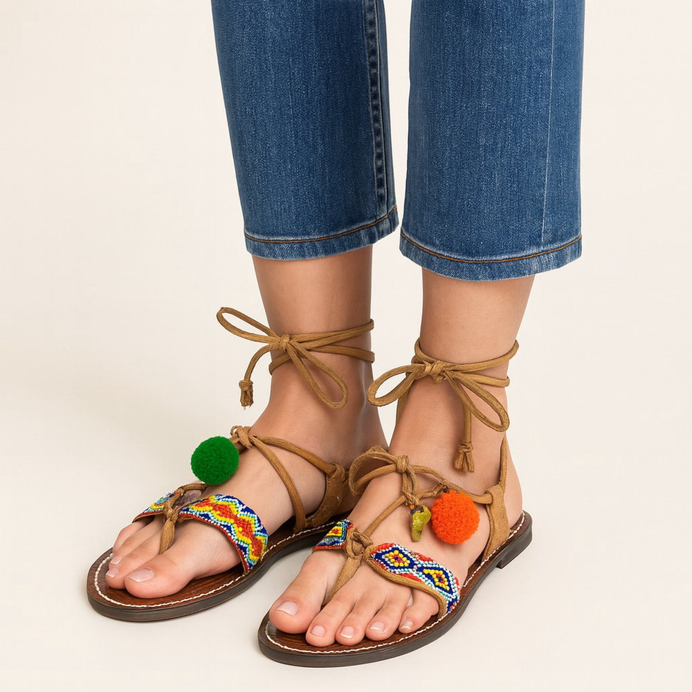 Sam Edelman Lisabeth Women’s Beaded Pom Pom Gladiator Sandals – Boho Festival